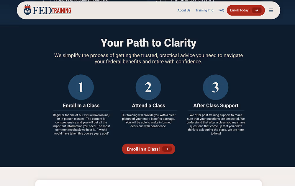 FED Training website section outlining steps to clarity: Enroll in a class, attend a class, and after class support with descriptions, and a red 'Enroll In a Class!' button.