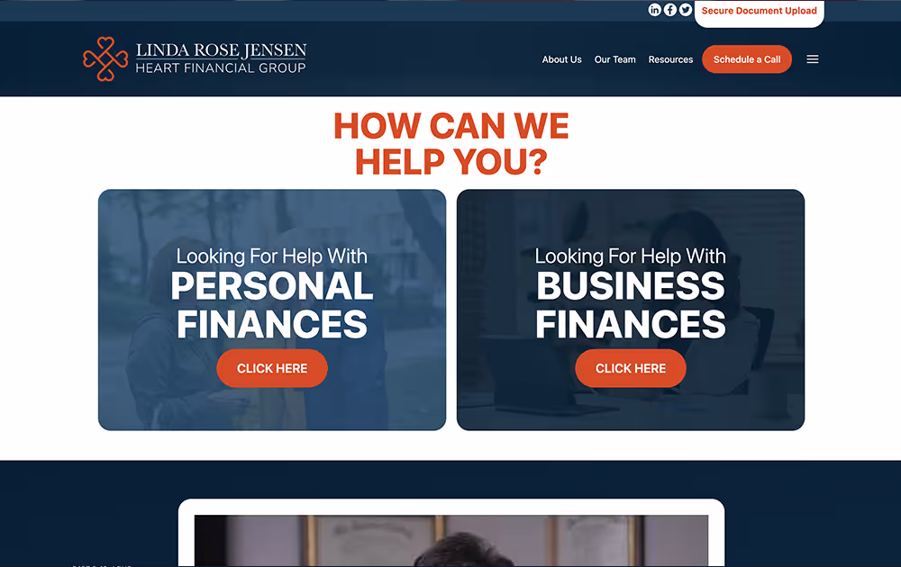 Website header for Linda Rose Jensen Heart Financial Group with options to get help for personal or business finances and call to action buttons.