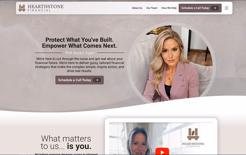 Website header for Hearthstone Financial featuring a woman in a mauve blazer and a tagline about empowering financial futures.
