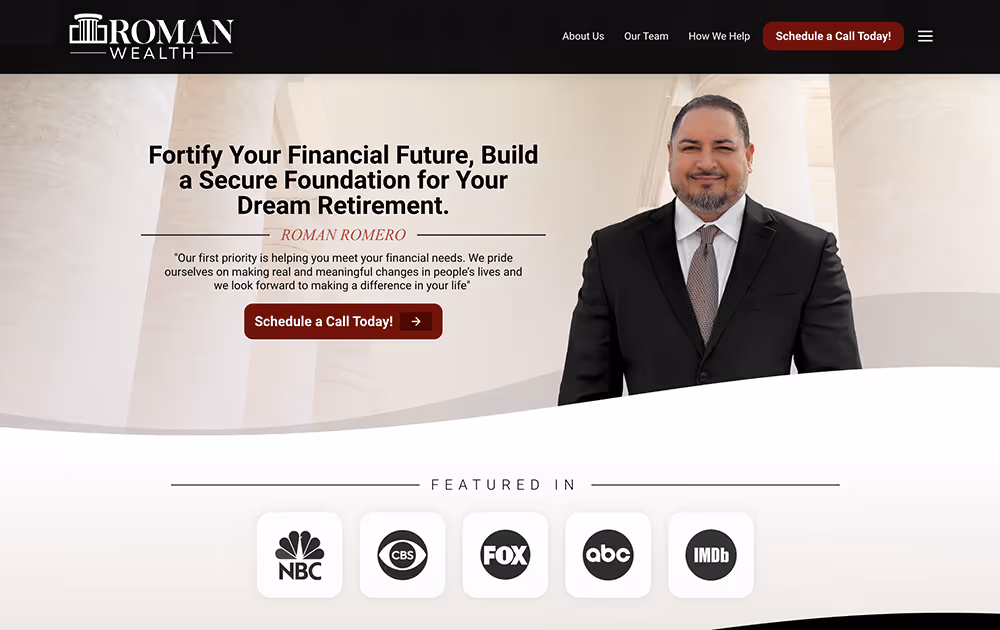 Financial advisor Roman Romero in a suit with text promoting secure retirement planning and a Schedule a Call button, featured in NBC, CBS, FOX, ABC, and IMDb.
