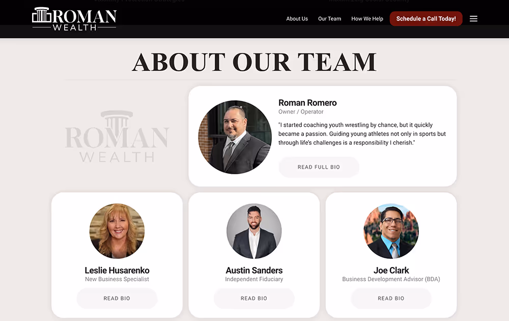 Roman Wealth team section featuring headshots and bios of Roman Romero, Leslie Husarenko, Austin Sanders, and Joe Clark.