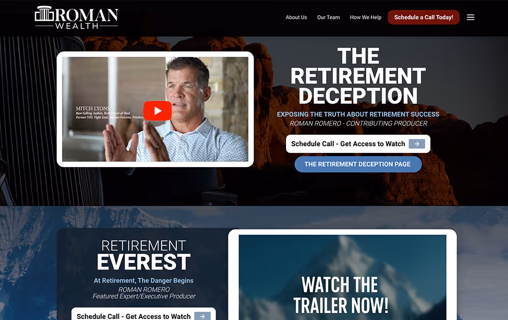 Website header for Roman Wealth showing two sections: 'The Retirement Deception' with a video thumbnail of a man speaking and call-to-action buttons, and 'Retirement Everest' with a prompt to watch the trailer.