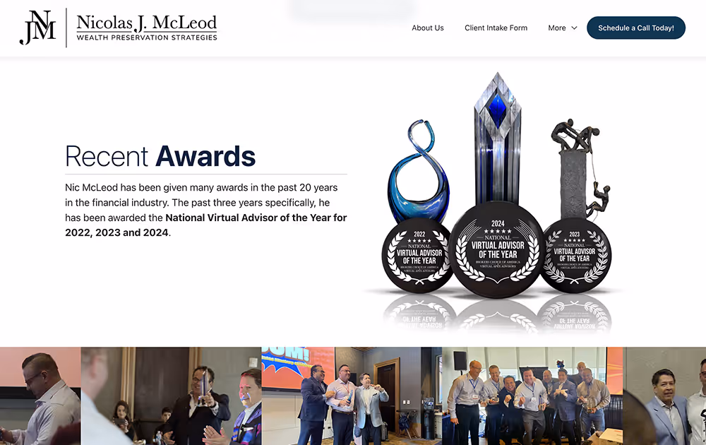 Website header with Nicolas J. McLeod logo, text about recent awards highlighting National Virtual Advisor of the Year for 2022, 2023, and 2024, and images of three award trophies.