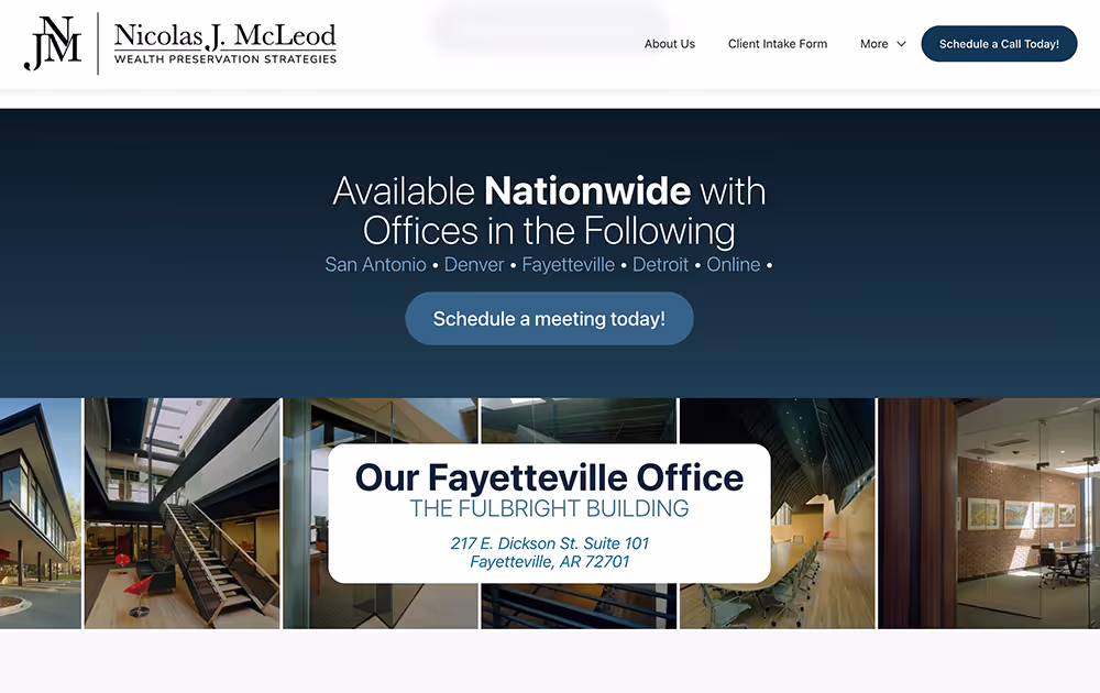 Website header showing Nicolas J. McLeod Wealth Preservation Strategies with office locations and a focus on Fayetteville office at 217 E. Dickson St. Suite 101, Fayetteville, AR 72701.