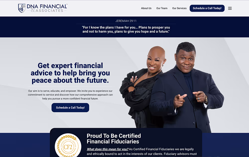 Website banner for DNA Financial & Associates showing two smiling professionals in business attire with text offering expert financial advice for a confident future.