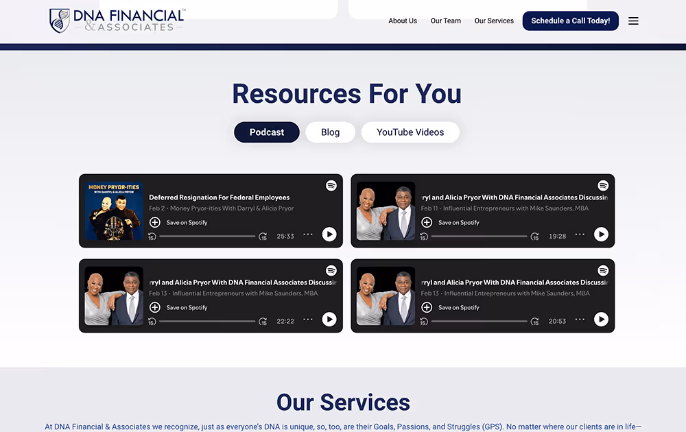 Website section titled Resources For You featuring podcast episodes from DNA Financial & Associates on topics like federal employee resignation and influential entrepreneurship, with options to save on Spotify.