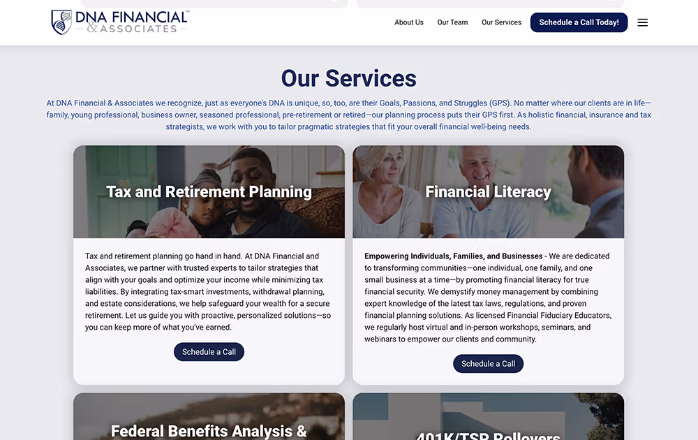 Website section titled Our Services with text describing tax and retirement planning and financial literacy, each with a brief explanation and Schedule a Call button.