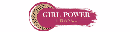 Logo with stylized text 'GIRL POWER FINANCE' over a brushstroke and leopard print circle background.