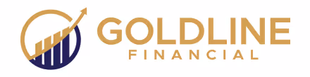 Goldline Financial logo featuring a gold upward arrow over a blue and gold circular bar chart.