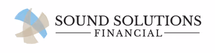 Abstract overlapping shapes in blue, gray, and beige next to the text SOUND SOLUTIONS FINANCIAL with horizontal lines on each side of FINANCIAL.