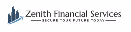 Zenith Financial Services logo with building silhouettes and an airplane icon, tagline 'Secure Your Future Today'.
